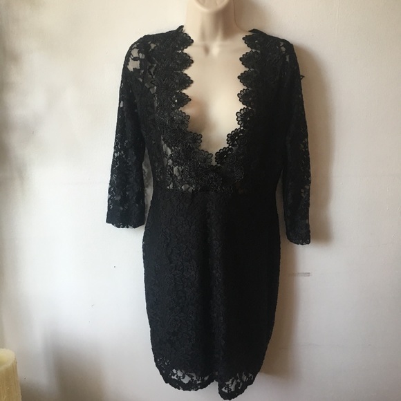 Dresses & Skirts - Black Lace-trim Deep-V Mid-Sleeve Mini Dress